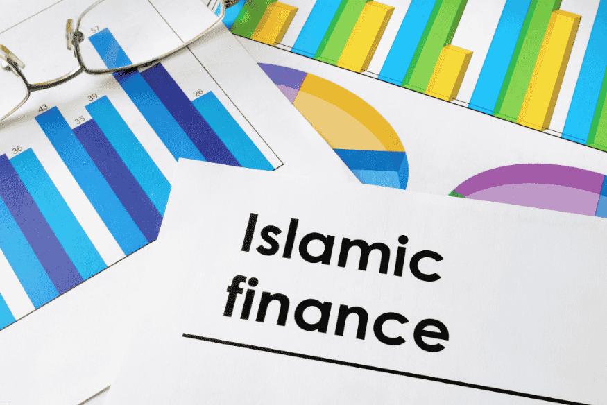 Islamic finance report with colorful bar and pie charts