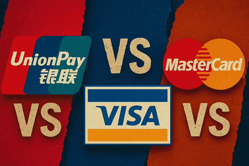UnionPay, Visa, and Mastercard logos shown side by side in a comparison graphic