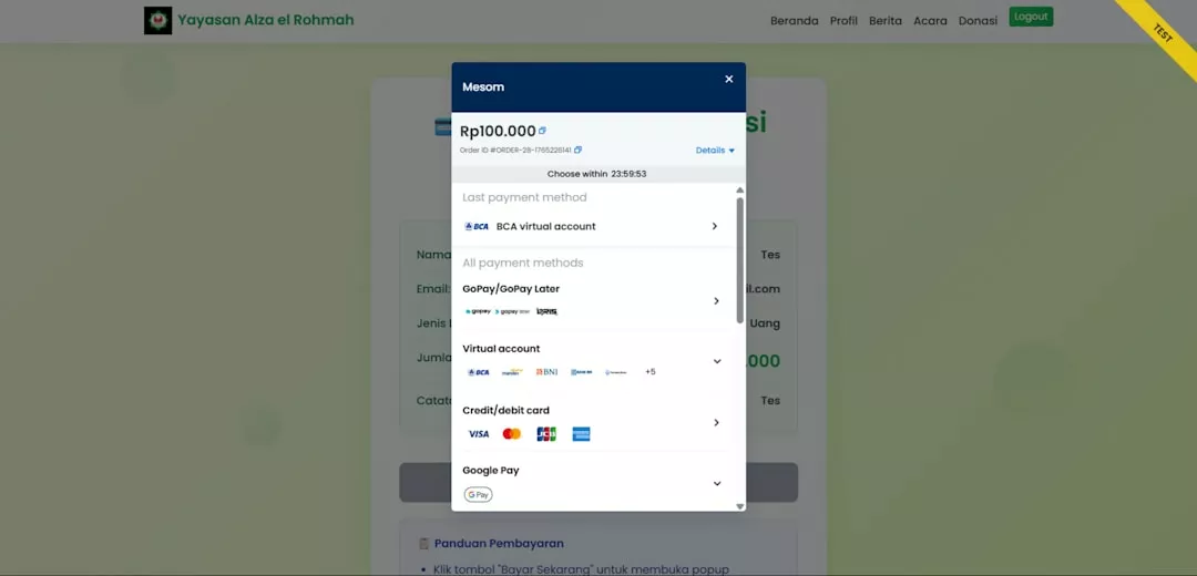 Online payment form with credit card options displayed.