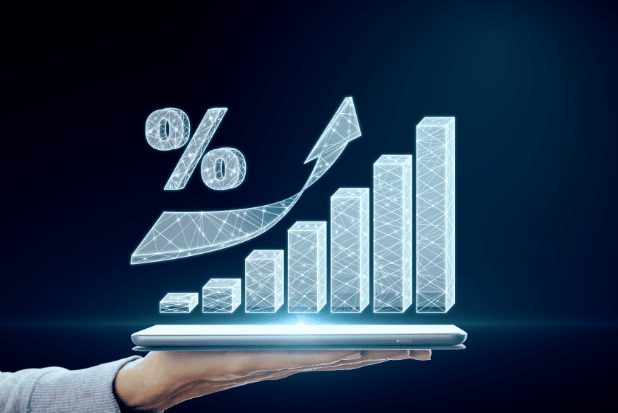Hand holding tablet with rising 3D percentage and bar graph hologram