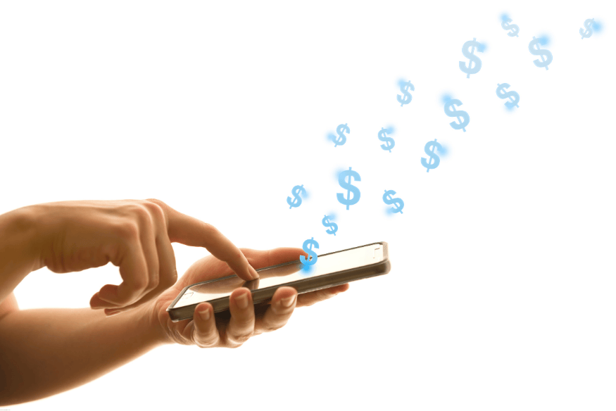 Person using a smartphone to send money digitally, with floating dollar symbols.