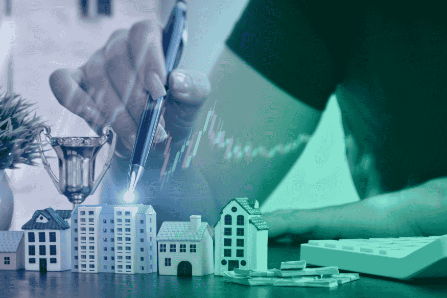 Investor analyzing miniature buildings and property market trends