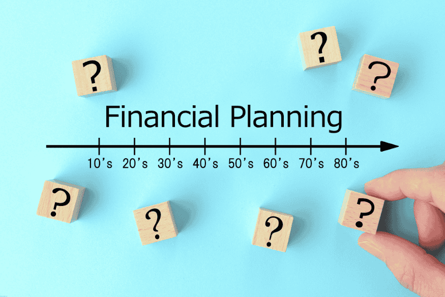 Timeline illustration with “Financial Planning” text and wooden blocks with question marks.
