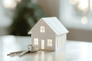 Model house with keys symbolizing real estate investment